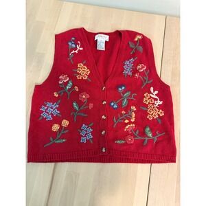Talbots Petites Red Embroidered Floral V-Neck Sleeveless‎ Button Front Vest PS